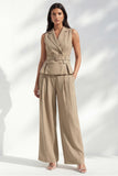 Khaki Double Breasted Sleeveless 2 Piece Work Suits
