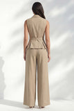 Khaki Double Breasted Sleeveless 2 Piece Work Suits