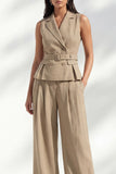 Khaki Double Breasted Sleeveless 2 Piece Work Suits