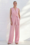 Pink V Neck Sleeveless 2 Piece Work Suits with Pockets