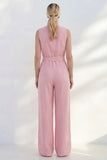 Pink V Neck Sleeveless 2 Piece Work Suits with Pockets