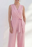 Pink V Neck Sleeveless 2 Piece Work Suits with Pockets