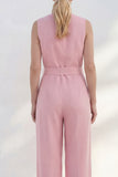 Pink V Neck Sleeveless 2 Piece Work Suits with Pockets