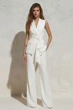 White V Neck Sleeveless Ruched 2 Piece Work Suits
