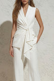 White V Neck Sleeveless Ruched 2 Piece Work Suits