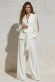 Long Sleeves White V Neck Ruched 2 Piece Work Suits