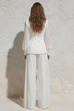 Long Sleeves White V Neck Ruched 2 Piece Work Suits