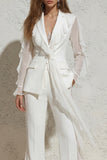 White V Neck Ruched Ruffled 2 Piece Work Suits with Pockets
