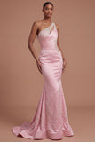 One Shoulder Mermaid Beaded Ruched Pink Long Prom Dress