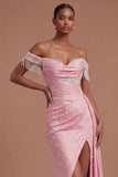 Off the Shoulder Beaded Ruched Pink Long Prom Dress with Slit