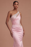One Shoulder Mermaid Beaded Ruched Pink Long Prom Dress
