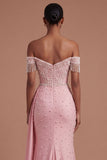 Off the Shoulder Beaded Ruched Pink Long Prom Dress with Slit