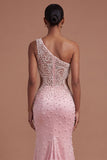 One Shoulder Mermaid Beaded Ruched Pink Long Prom Dress