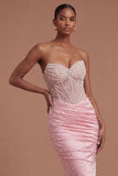 Corset Mermaid Pink Beaded Mermaid Ruched Long Prom Dress