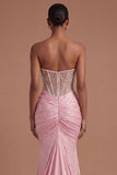 Corset Mermaid Pink Beaded Mermaid Ruched Long Prom Dress
