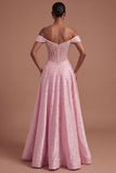 Off the Shoulder Corset Pink Beaded A Line Long Prom Dress
