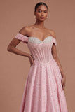 Off the Shoulder Corset Pink Beaded A Line Long Prom Dress