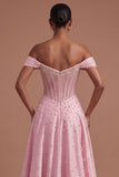 Off the Shoulder Corset Pink Beaded A Line Long Prom Dress
