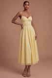 Corset A Line Yellow Beaded Spaghetti Straps Midi Prom Dress