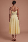 Corset A Line Yellow Beaded Spaghetti Straps Midi Prom Dress