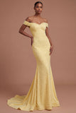 Mermaid Backless Yellow Off the Shoulder Long Prom Dress