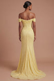 Mermaid Backless Yellow Off the Shoulder Long Prom Dress