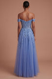 Dark Blue Off the Shoulder Corset Floral Appliqued A Line Long Prom Dress