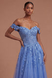 Dark Blue Off the Shoulder Corset Floral Appliqued A Line Long Prom Dress