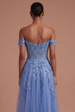Dark Blue Off the Shoulder Corset Floral Appliqued A Line Long Prom Dress