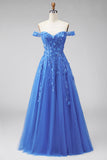Dark Blue Off the Shoulder Corset Floral Appliqued A Line Long Prom Dress