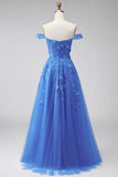 Dark Blue Off the Shoulder Corset Floral Appliqued A Line Long Prom Dress