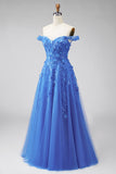 Dark Blue Off the Shoulder Corset Floral Appliqued A Line Long Prom Dress