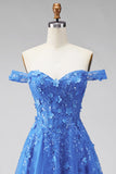 Dark Blue Off the Shoulder Corset Floral Appliqued A Line Long Prom Dress