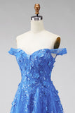 Dark Blue Off the Shoulder Corset Floral Appliqued A Line Long Prom Dress