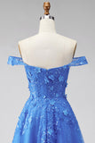 Dark Blue Off the Shoulder Corset Floral Appliqued A Line Long Prom Dress