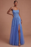 Corset Spaghetti Straps A Line Dark Blue Long Prom Dress with Slit