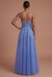 Corset Spaghetti Straps A Line Dark Blue Long Prom Dress with Slit