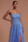 Corset Spaghetti Straps A Line Dark Blue Long Prom Dress with Slit