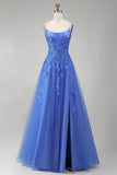 Corset Spaghetti Straps A Line Dark Blue Long Prom Dress with Slit