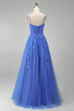 Corset Spaghetti Straps A Line Dark Blue Long Prom Dress with Slit