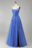 Corset Spaghetti Straps A Line Dark Blue Long Prom Dress with Slit