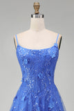 Corset Spaghetti Straps A Line Dark Blue Long Prom Dress with Slit