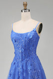 Corset Spaghetti Straps A Line Dark Blue Long Prom Dress with Slit