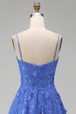 Corset Spaghetti Straps A Line Dark Blue Long Prom Dress with Slit