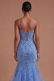 Corset Spaghetti Straps Mermaid Dark Blue Long Prom Dress