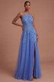 Floral Corset Halter Neck A Line Appliqued Dark Blue Long Prom Dress with Slit