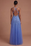 Floral Corset Halter Neck A Line Appliqued Dark Blue Long Prom Dress with Slit