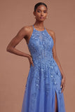 Floral Corset Halter Neck A Line Appliqued Dark Blue Long Prom Dress with Slit