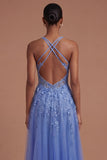 Floral Corset Halter Neck A Line Appliqued Dark Blue Long Prom Dress with Slit