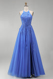 Floral Corset Halter Neck A Line Appliqued Dark Blue Long Prom Dress with Slit